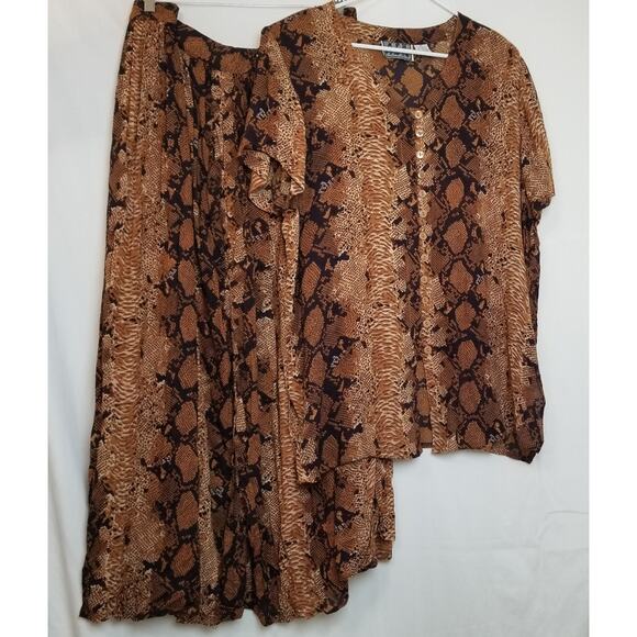 M.P.H. Animal Print Blouse & Midi Skirt Set Button Up Pull On Rayon Size 1X - Picture 1 of 9